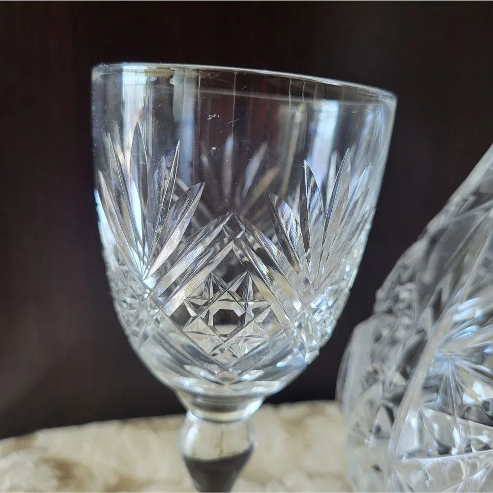 Vintage Cut Crystal Decanter with Stopper & Webb England Crystal Cordial Glasses